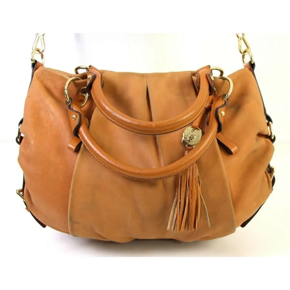 VINCE CAMUTO TAN BROWN GENUINE LEATHER TASSEL SATCHEL HOBO SHOULDER BAG HANDBAG
